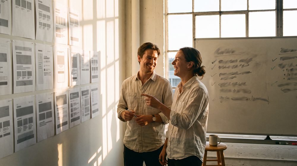 Two designers at a studio wall of pinned printed interface layouts, one writing a numbered checklist on a whiteboard beside it while the other laughs and points at a printout.
