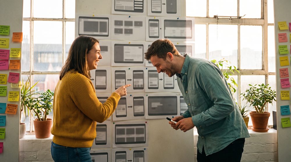 Two designers laughing in front of a studio wall covered in printed screen layouts that are all identical.