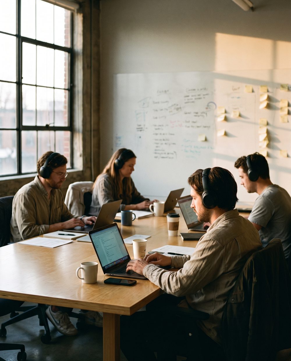 Four colleagues sit around one long table, each working alone on their own laptop with headphones on.
