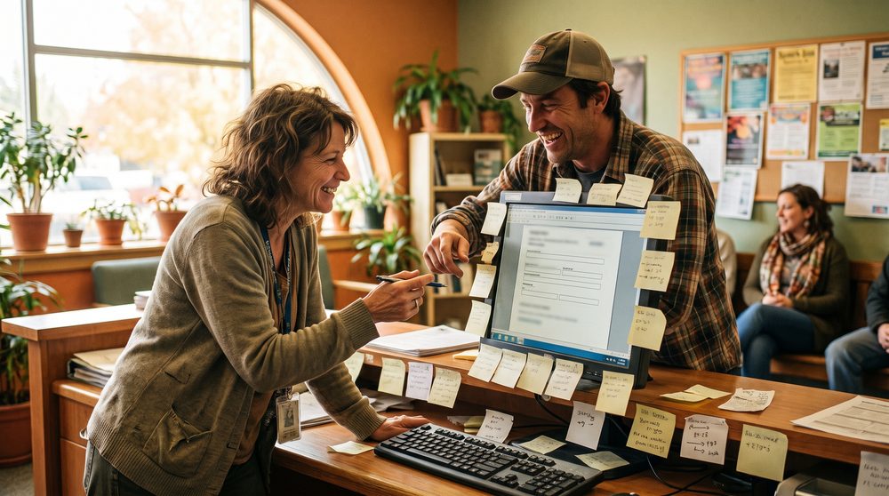 A staff member and a visitor laughing together at a service desk computer, the monitor ringed with handwritten sticky notes.