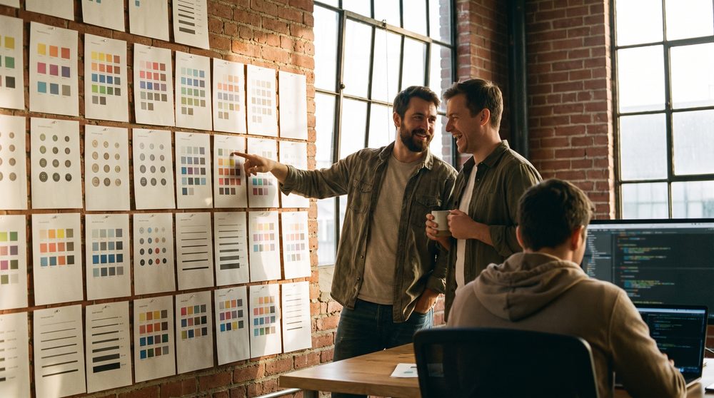 Two designers laughing in front of a studio wall covered in printed design system sheets while a developer nearby works from a laptop screen.
