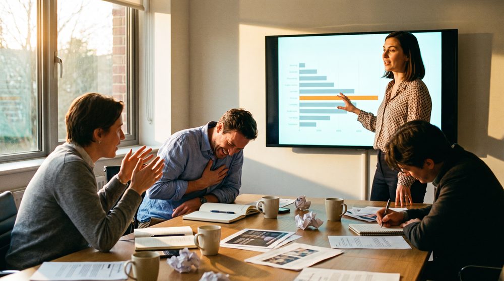 Four colleagues in a sunlit meeting room. One stands at a screen pointing to a single highlighted row of a chart while the others talk, laugh and take notes.