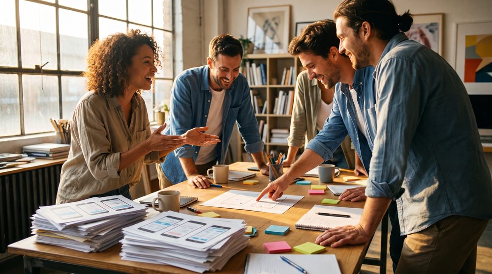 Four designers laughing around a studio table, a tall stack of printed interface mockups pushed to the edge and one single sheet set alone in the middle.