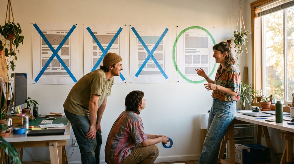 Four printed layout panels pinned to a studio wall, three crossed out with blue tape and one ringed in green tape, with three designers laughing in front of them.