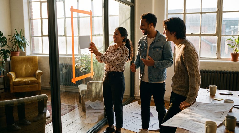 Three designers at a glass wall, laughing, holding a small paper card up to a narrow rectangle marked out in orange tape, with much larger printed layouts discarded on the floor and table.