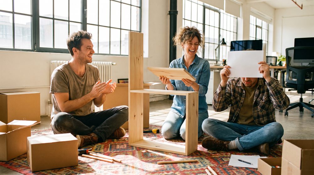 Three colleagues sitting on an office rug around a half-built flat-pack shelf, one of them laughing as she holds up a finished piece