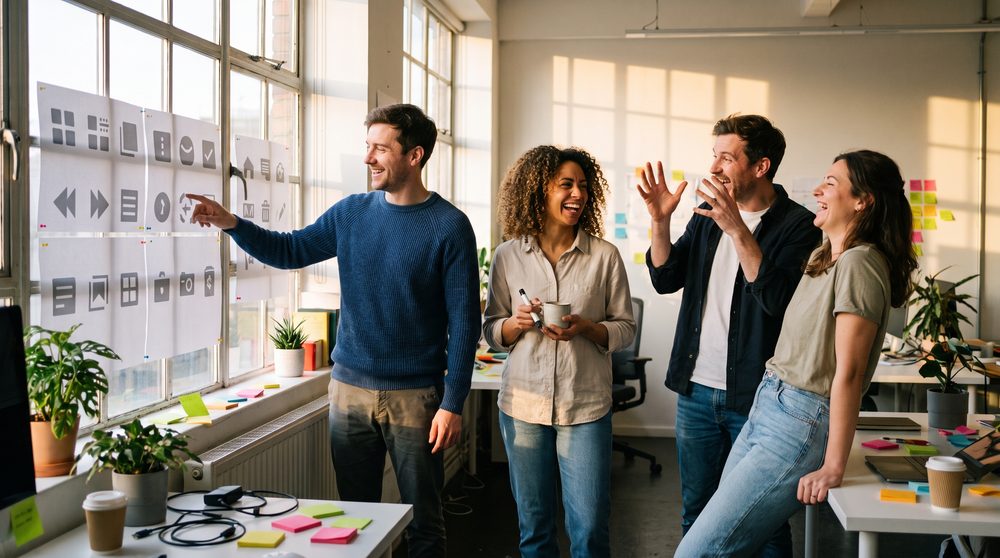 Designers standing in front of a studio wall covered in printed sheets of unlabelled interface icons, arguing and laughing about what they mean.
