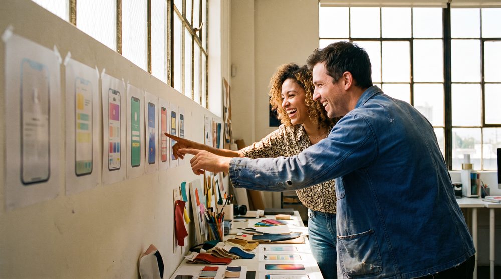 Two designers in a bright studio, laughing as they point at a long row of printed phone screens taped to the wall, each print a slightly different version of the same layout.