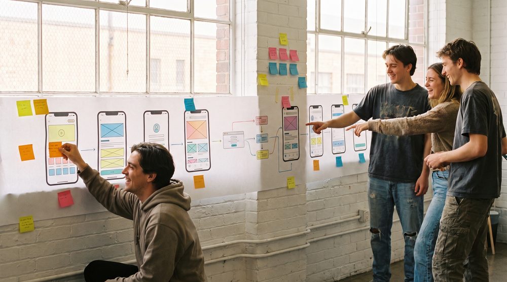Designers in a bright studio clustered at the two ends of a long printed app flow taped across the wall, with the long middle section left untouched.