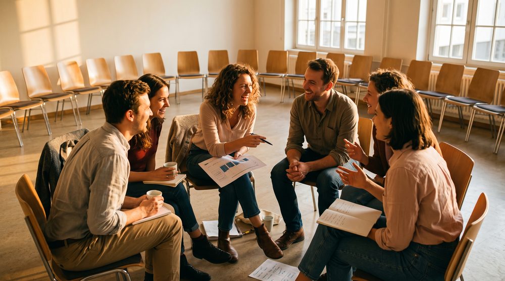 Six people sitting close together in one corner of a wide ring of mostly empty chairs in a sunlit room, talking and laughing over printed charts.
