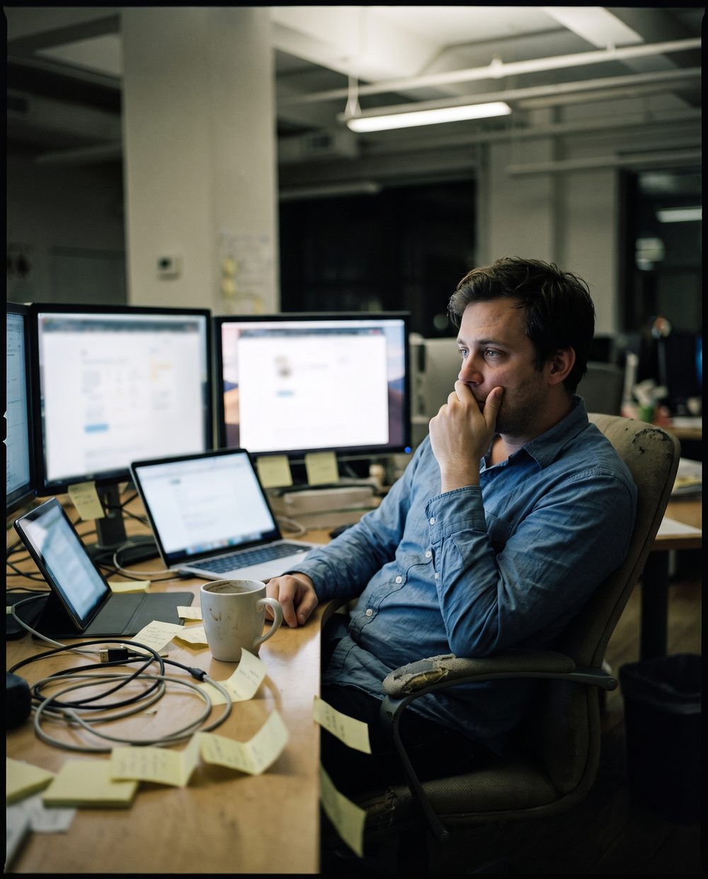 A designer sits back at a crowded desk late in the evening with several screens glowing around them, looking at none of them.
