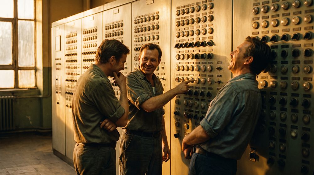 A bright control room wall of identical indicator lights and switches, with two engineers standing in front of it talking and gesturing at one panel