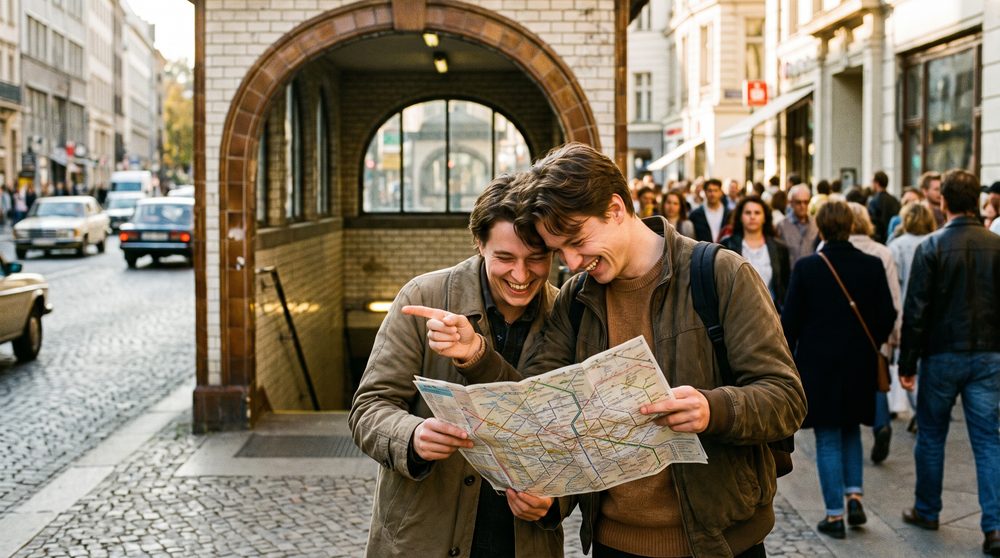 Two people laughing over a folded paper transit map on a sunlit street, with the entrance to a station a few steps behind them.